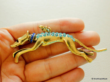1 x Bronze Tone, Blue Rhinestones Pendant, Dog Pendant